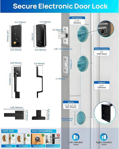 WiFi Smart Keyless Entry Door Lock Set w/Front Door Handle, 0.1s Fingerprint Biometric Unlock, Auto Lock, APP Remote/Passcodes/Cards Control, Keypad Deadbolt, Easy Install for Entry Bedroom