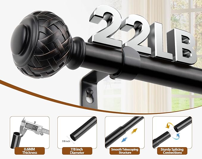 TONIAL Black Curtain Rod 32 to 120 Inches, 7/8 Adjustable Curtain Rods for Windows 20 to 116 Inches, Splicing Drapery Rods Heavy duty with Netted Texture Finials
