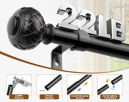 TONIAL Black Curtain Rod 32 to 120 Inches, 7/8 Adjustable Curtain Rods for Windows 20 to 116 Inches, Splicing Drapery Rods Heavy duty with Netted Texture Finials