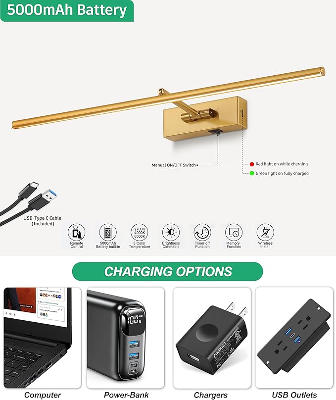 Battery Operated Picture Light with Wireless Remote 3CCT Dimmable Gold Wall Art Lights for Paintings 3 Color Rechargeable cordless decor Gallery Light 24’‘ Artwork Lighting for Canvas Timer Function