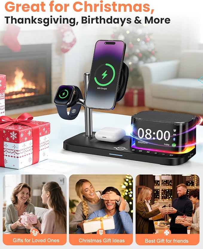 6-in-1 Wireless Charging Station for Multiple Apple Devices with Bluetooth Speakers Alarm Clock Night Light，Qi2.2 Phone Charger Stand for iPhone 17/16/15/14/13/12 Pro Max Apple Watch Airpods