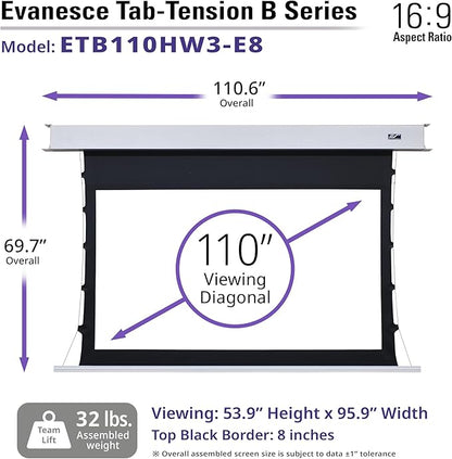 Elite Screens Evanesce Tab-Tension B, 110-inch 16:9, 4K / 8K HD, Recessed in-Ceiling Electric Tab Tensioned Projector Screen, Matte White Projection Screen Surface Programmed Remote Kit, ETB110HW3-E8
