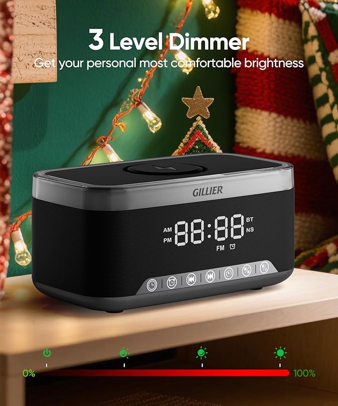 Wireless Charging Alarm Clock Radio for Bedrooms – 15W Fast Wireless Charger for iPhone/Samsung-Stereo Bluetooth Speaker with FM Radio, Dimmable Display, USB Port, Sleep Timer, Gifts for Christmas