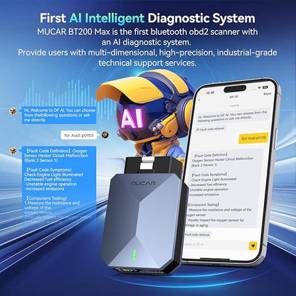 MUCAR AI-Assisted OBD2 Scanner Bluetooth Lifetime Update Sup ELM327, BT200 MAX OBD2 Diagnostic Tool All System Diagnostic Tool with 15 Resets for iOS & Android, CANFD Protocol, Autoauth for FCA SGW