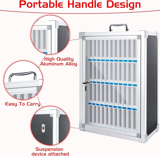 Amylove 48 Slots Cell Phone Locker Cabinet Aluminum Alloy Pocket Chart Storage Locker Box Cabinet Wall-Mounted Cell Phones Storage Box with Handle for Office Classroom Gym(Black)