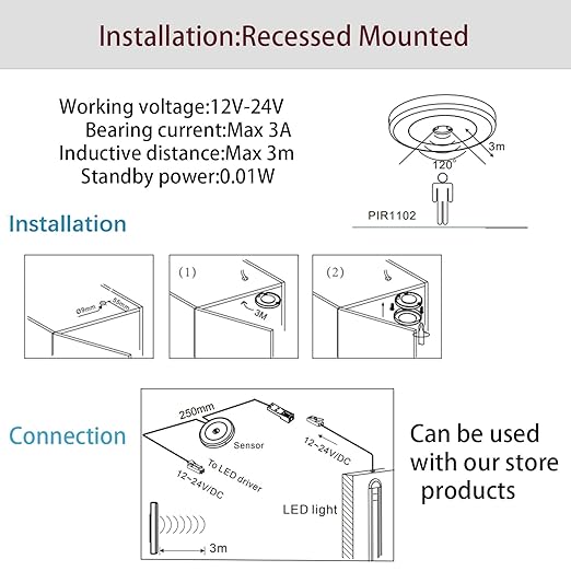 VST Motion Sensor Light Switch, IR Sensor, Led Light Automatic Door Switch for Closet Light Under Cabinets Counters Wardrobes with 12V JST Male and Female Connector (DC 12/24V)