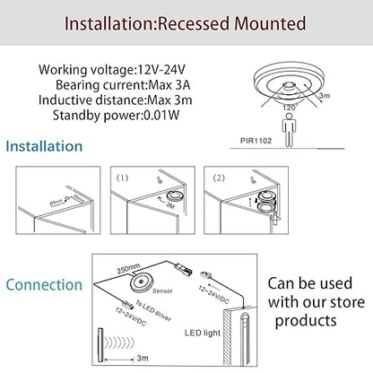 VST Motion Sensor Light Switch, IR Sensor, Led Light Automatic Door Switch for Closet Light Under Cabinets Counters Wardrobes with 12V JST Male and Female Connector (DC 12/24V)