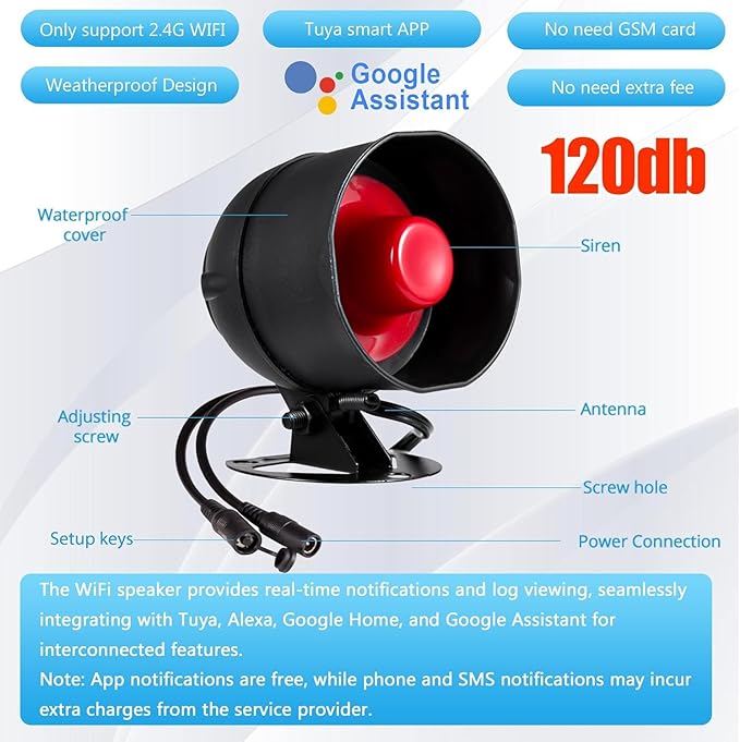 WiFi Alarm Home Security System, 120dB Alarm System with Motion Sensor and Remote Control, Home Alarm System for Shed Garage Alarm