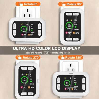 6 in 1 Carbon Monoxide Detectors Plug in, Natural Gas Detector with Smoke, Temp & Humidity Alarm, Portable 1000mAh Battery Backup, HD Digital Screen, 24/7 Home Safety for House, RV, Apartment, Travel