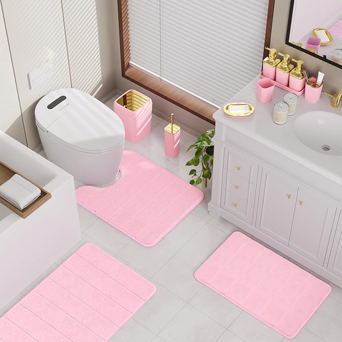 Bathroom Sets with Shower Curtain and Rugs, 27PC Bathroom Accessory Set, Pink Bathroom Set, Pink Bathroom Accessories Set with Trash Can, Toilet Brush and Soap Dispensers