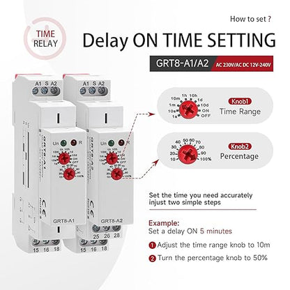 Delay On Time Relay 16A, Delay On Timer Relay GRT8 A1 Voltage Range AC DC 12V to 240V DIN Rail Electronic Relays of Wide Time Delay Range for 0.1 Seconds to 10 Days