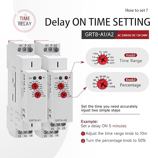 Delay ON Time Relay, GRT8 A1 230V Time Delay Relay Module, Delay Timer Switch 16A AC230V Adjustable Delay Timer Switch in Din Rail