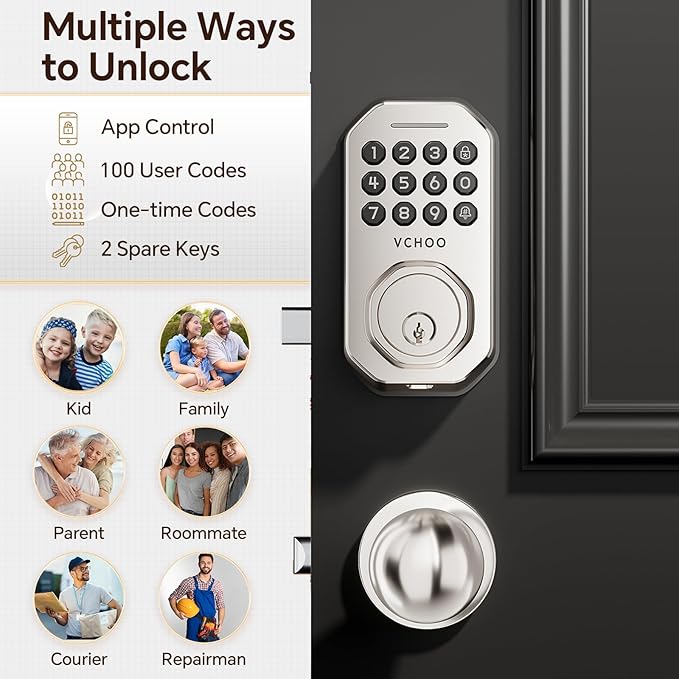 Keyless Entry Door Lock Set Smart Locks for Front Keypad Door Lock with Handle Automatic Lock One Time Password Anti Peeping Password IP54, Satin Nickel