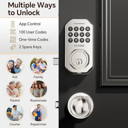 Keyless Entry Door Lock Set Smart Locks for Front Keypad Door Lock with Handle Automatic Lock One Time Password Anti Peeping Password IP54, Satin Nickel