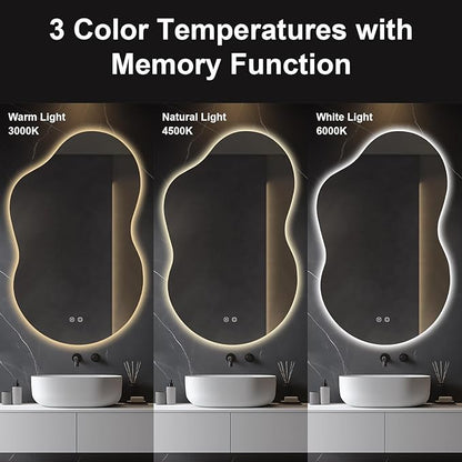 48"x30" Irregular LED Lighted Vanity Mirror for Bathroom, Backlit Only, Anti-Fog, 3-Color Dimmable Lighting, Wall Mount [Horizontal/Vertical]