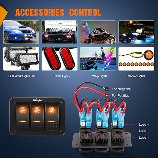 Nilight 3 Gang Rocker Switch Panel with Orange LED Light 5 Pin On Off Pre-Wired Aluminum Toggle Switches Waterproof for 12V/24V Cars Marine Boats ATVs Trailers RV Trucks