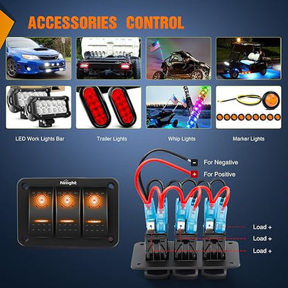 Nilight 3 Gang Rocker Switch Panel with Orange LED Light 5 Pin On Off Pre-Wired Aluminum Toggle Switches Waterproof for 12V/24V Cars Marine Boats ATVs Trailers RV Trucks