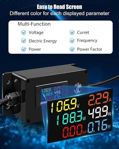 20A 125V AC Power Meter, NEMA 5-15P to NEMA 5-20R Outlet Monitor, Multifunction Energy Monitor Voltage Current Frequency Power Factor, LCD Display Digital Multimeter Tester