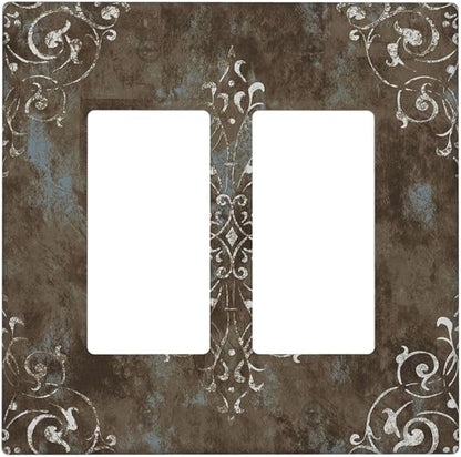 Decorative Outlet Covers Brown Vintage Abstract Floral 2 Gang Wall Plate Double Rocker Two Switch Wall Cover Plate Jumbo Dual GFCI Faceplate for Country Bedroom Home Decor