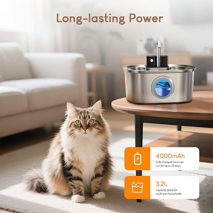 Wireless Cat Water Fountain Stainless Steel:108oz/3.2L Battery Operated Cat Fountains for Drinking Indoor, Automatic Pet Water Dispenser with Motion Sensor,Ultra Quiet Pump,Multi-Filtration(2 Filters)