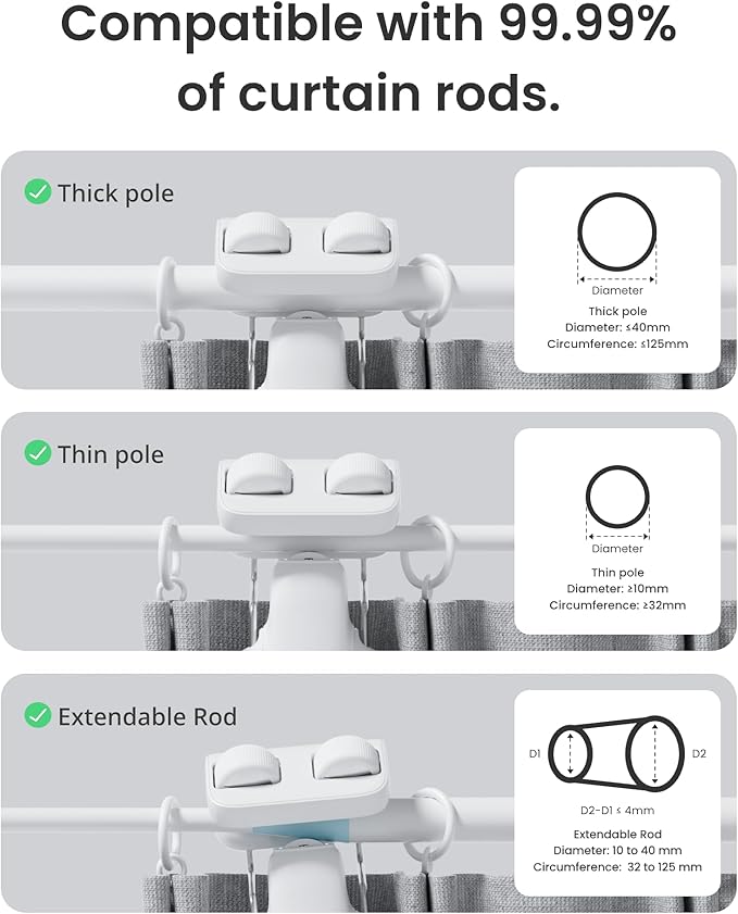 SwitchBot 2025 Automatic Curtain Opener 3 Rod, Bluetooth Remote Control Smart Curtain, WiFi & App Control, Add Hub to Compatible with Alexa, Google Home, HomeKit