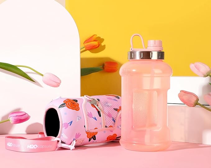 H2O Capsule 2.2L Half Gallon Wide Mouth Water Bottle with Storage Sleeve and Removable Straw - Hydration Tracker Jug with Measurements Marked – Shatterproof BPA-Free, (Poppy Love)