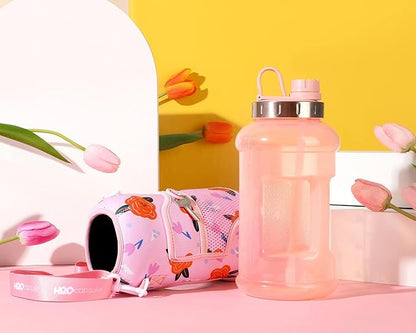 H2O Capsule 2.2L Half Gallon Wide Mouth Water Bottle with Storage Sleeve and Removable Straw - Hydration Tracker Jug with Measurements Marked – Shatterproof BPA-Free, (Poppy Love)