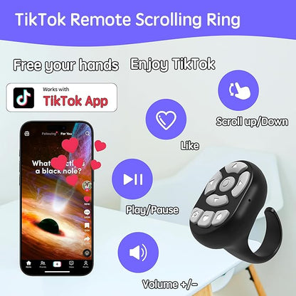 TikTok Scrolling Ring Microphone Remote Control,Fingertip Wireless Bluetooth Remote Control;for iPhone,Google Pixel,Samsung Phone (Black)