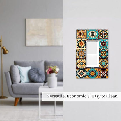 Mexican Talavera Ceramic Tile Moroccan Boho Decorative Outlet Covers 1 Gang Single Rocker Light Switch Cover Plate Wall Plates GFCI Faceplate for Bathroom Kitchen Decor