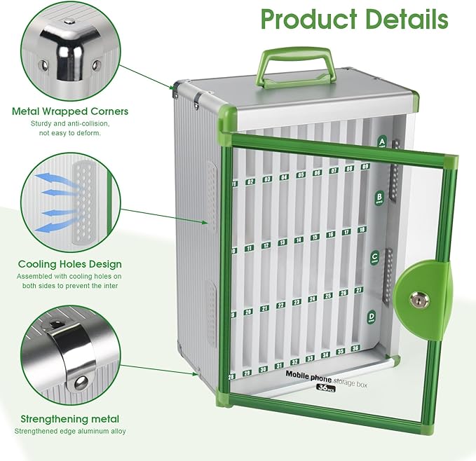 Glosen 36 Slots Cell Phone Locker, Portable Phone Storage Cabinet [Wall Mounted] [Aluminum Alloy] Cellphone Lock Box with Key & Handle for School Classroom Office Exam (Green)