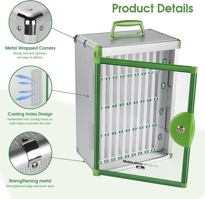 Glosen 36 Slots Cell Phone Locker, Portable Phone Storage Cabinet [Wall Mounted] [Aluminum Alloy] Cellphone Lock Box with Key & Handle for School Classroom Office Exam (Green)