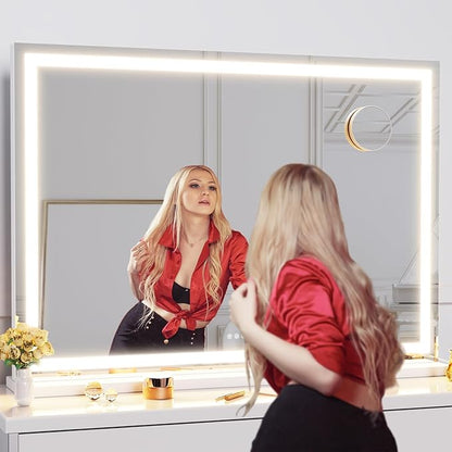 Makeup Vanity Mirror with Lights 32" x 24" Large LED Makeup Mirror, Light up Mirror with 10X Magnification and USB Charging Port, Dimmable 3 Modes, Touch Screen Control Square Corner