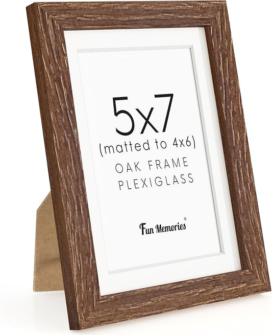Fun Memories 5x7 Picture Frame, Solid Oak Wood 5 x 7 Frame with Plexiglass, 5 by 7 Photo Frame for Wall & Tabletop Display, 5x7 Picture Frame Matted to 4x6, Walnut Color, 1 Pack