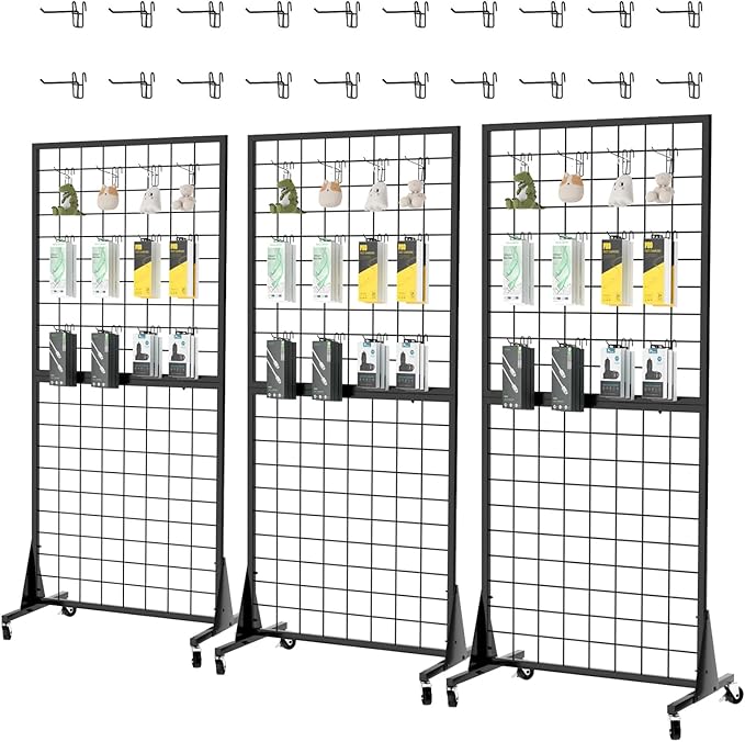 3-Pack 2'x5.5' Ft Gridwall Panel Display Stands Heavy Duty Floor Standing Retail Display Rack with Triangle Base for Retail Art Show With 20 Hooks Christmas and Thanksgiving Outdoor Decoration Display Stand (1)
