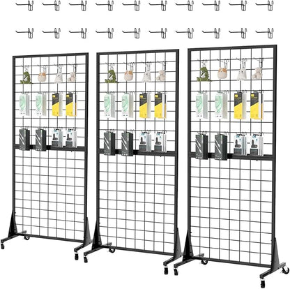 3-Pack 2'x5.5' Ft Gridwall Panel Display Stands Heavy Duty Floor Standing Retail Display Rack with Triangle Base for Retail Art Show With 20 Hooks Christmas and Thanksgiving Outdoor Decoration Display Stand (1)