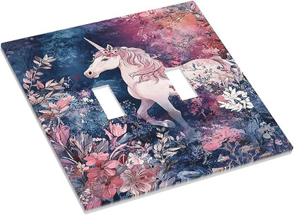 Decorative Switch Plate Covers Fantastic Pink Unicorn Wildflower Forest 2 Gang Double Toggle Light Switch Cover Plate Electrical Wall Plate Outlet Cover for Bedroom Kids room Decor