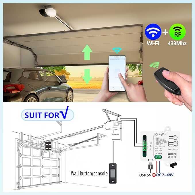 DieseRC Tuya 1 Channel WiFi Smart Switch, DC 5V 12V 24V 36V Passive Output Relay Module, with 2X RF Remote Control, Compatible with Alexa/Google Home