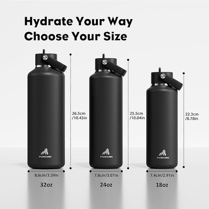 POWCAN 24 oz Slim Insulated Water Bottle with Straw: Leakproof, Keep Cold 24H, Cupholder Friendly, Top Handle, BPA-free, Stainless Steel Water Bottle for Sport, Travel, School, Gym (Midnight Black)