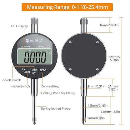 Neoteck 1"/25.4mm (0.0005"/0.01mm) Digital Indicator Set Dial Indicator and Magnetic Base Set with Storage Case, Ideal for 3D Printer Lathe Workshop CNC Machine Table Saw-90lbs(40kg) Max Pull-Black