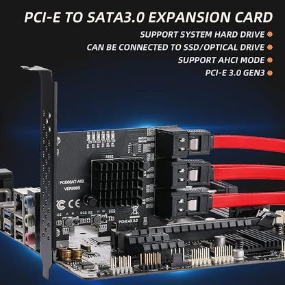 PCIe SATA Expansion Card 6 Ports 4X with ASM1166 Chip - 6Gbps, Gen 3 Controller Adapter, Non-Raid, with 6 SATA Cables & Low - Profile Bracket, Plug and Play for Windows XP/7/8/10, Linux, MAC OS
