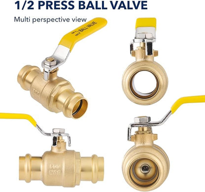 1/2" Press propress Ball Valve with EPDM O-Ring 1/4-Turn Full Port Shut Off Stop Valve for Copper Tubing Connection LF Brass 10PCS