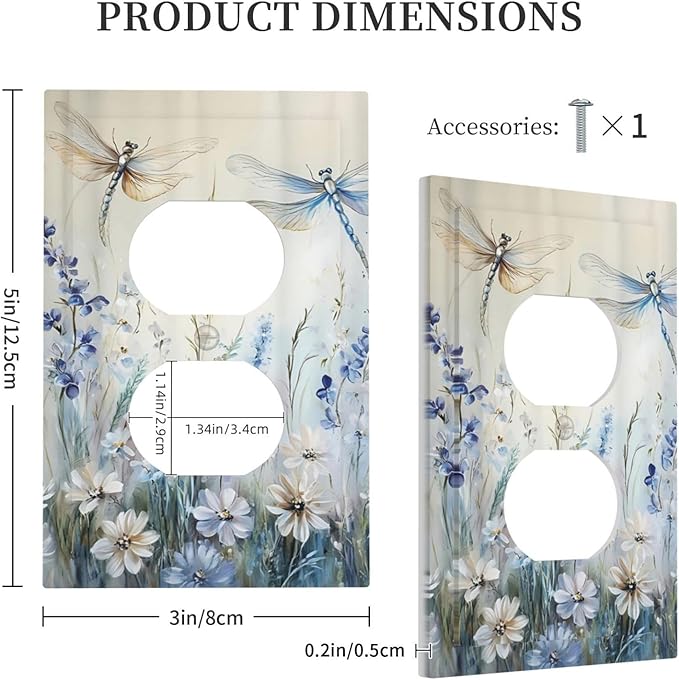 Decorative Outlet Covers Watercolor Dragonfly Blue Wihte Flower 1 Gang Duplex Light Switch Cover Plate Unique Wall Plates for Electrical Outlets Switch Plate Covers for Bedroom Home Decor