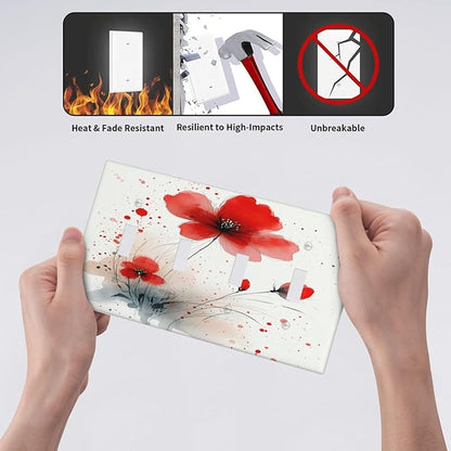 Vintage Watercolor Red Flowers Floral Light Switch Covers Quad Toggle 4 Gang Wall Plate Decorative Switch Plates Electrical Faceplate for Bedroom Bathroom Decor