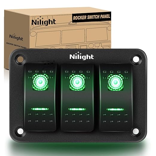 Nilight 3 Gang Aluminum Rocker Switch Panel Toggle Dash 5 Pin ON/Off Pre-Wired GreenBacklit for Automotive Cars Marine Boats RVs, Green (90127C)