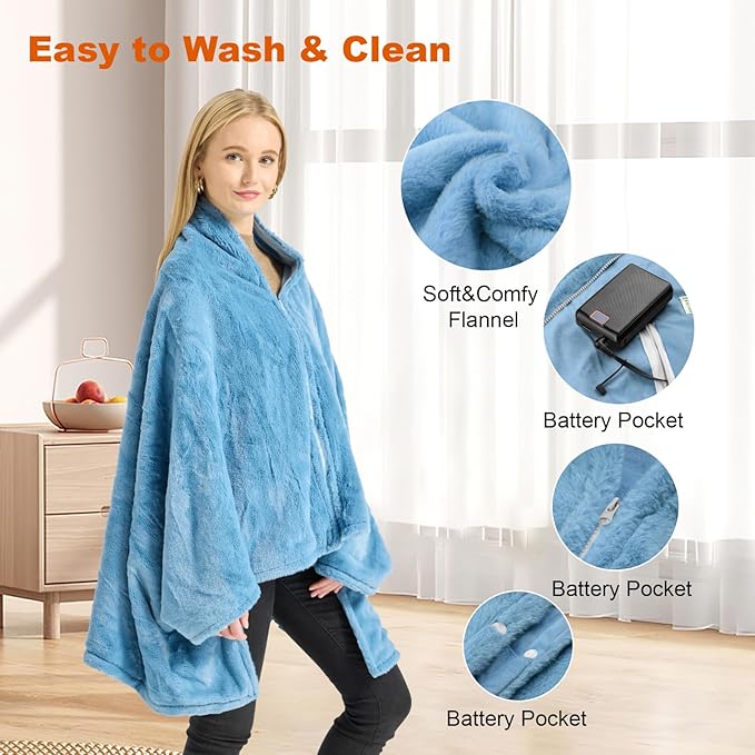 Graphene Heated Blanket Battery Operated, 20000mAh Battery 7.4V Fast Heating Blanket 70''x 35'' Portable Heated Shawl with Fleece Lining, Cordless Heated Shawl, Gift for Women (Blue)