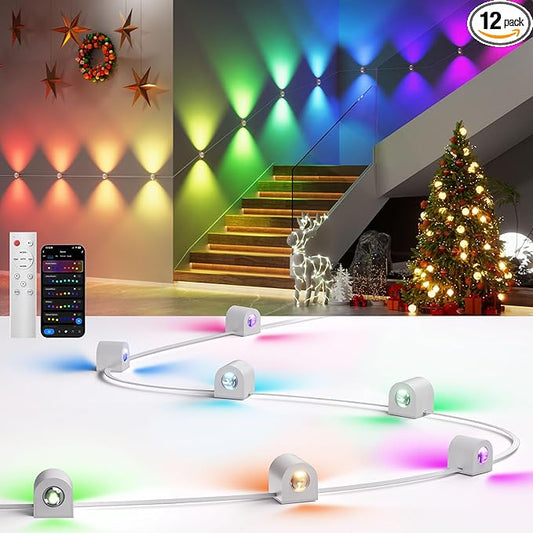 12 Lamp RGBCW Indoor Wall Lights, Up Down Lighting Bedroom Wall Sconces, Music Sync, DIY Styling White Color Changing Wall Lamps For Living room, Party, Home Decor, Compatible Alexa/Google Assistant