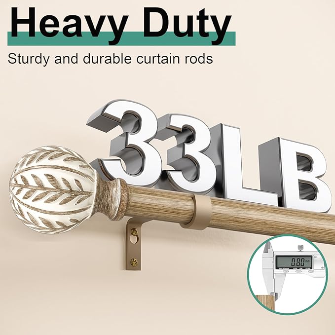 2 Pack Boho Wood Curtain Rods for Windows 66 to 120 inch,1" Adjustable Heavy Duty Window Curtain Rod with Imitation Wood Grain Finials,Rustic Decorative Drapery Rods Set 36-120'',Weathered Wood