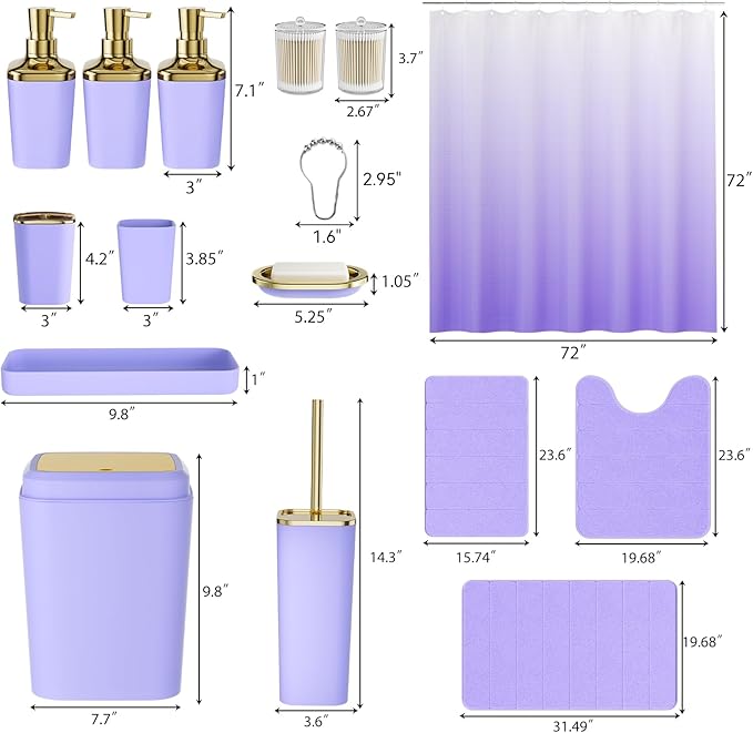Bathroom Sets with Shower Curtain and Rugs, 27PC Bathroom Accessory Set, Purple Bathroom Set, Purple and Gold Bathroom Accessories Set with Trash Can, Toilet Brush and Soap Dispensers