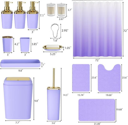 Bathroom Sets with Shower Curtain and Rugs, 27PC Bathroom Accessory Set, Purple Bathroom Set, Purple and Gold Bathroom Accessories Set with Trash Can, Toilet Brush and Soap Dispensers