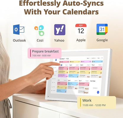 Dragon Touch 10.1 inch Digital Calendar Chore Chart – Interactive Touchscreen, Smart Family Planner, Hearth Display Desk Digital Calendar Seamless Scheduling white